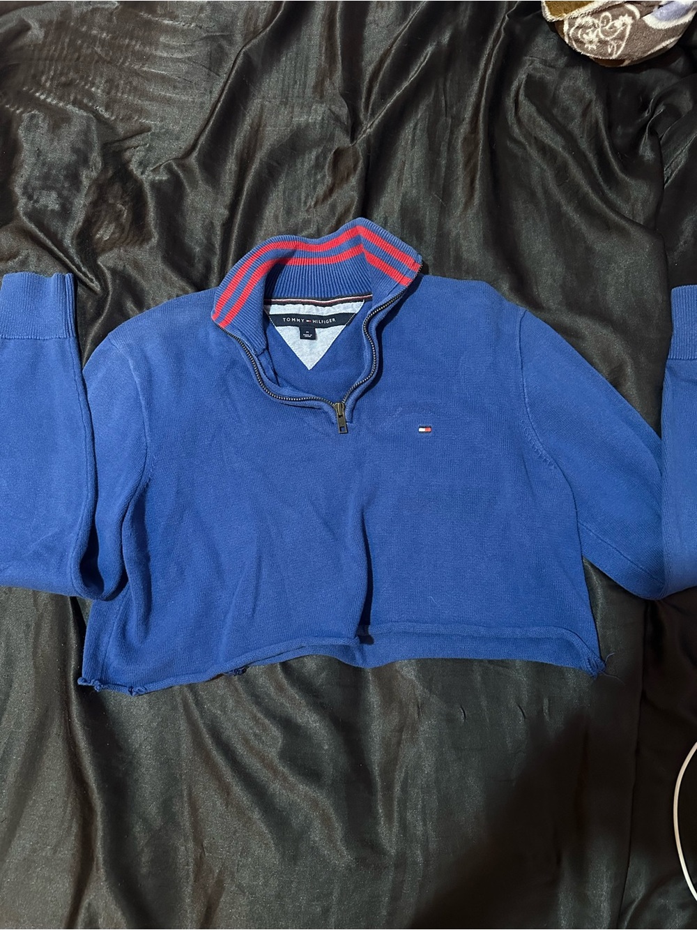Tommy Hilfiger Royal Blue Quarter-Zip Sweatshirt with Red-Trim Collar